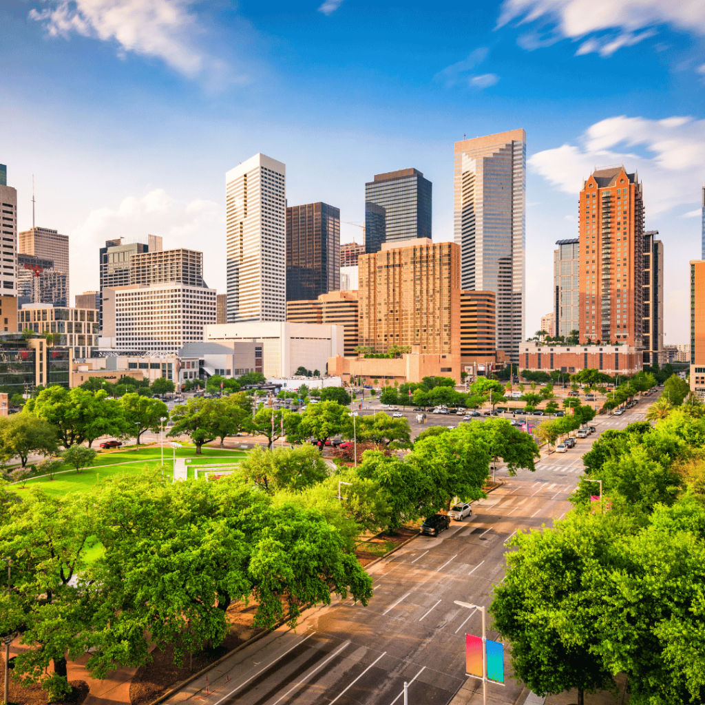 Image of the Houston skyline in Houston, Texas, a Service Area of A Plus Cremation